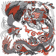 Dragon and Phoenix Feng Huang playing a pearl. Two celestial mythological creatures. Vector illustration inspired by a Chinese Folklore Legend or Myth, Tale