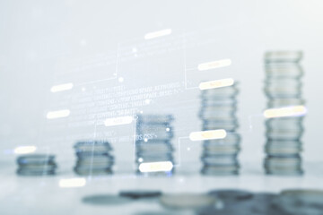 Poster - Multi exposure of abstract software development hologram on growing stacks of coins background, research and analytics concept
