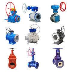 Wall Mural - nine manually operated valves of various designs for a gas pipeline on a white background