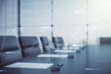 Poster - Multi exposure of stats data illustration on a modern conference room background, computing and analytics concept