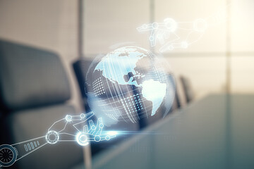 Aufkleber - Abstract virtual robotics technology hologram with globe on a modern coworking room background, artificial intelligence and machine learning concept. Multi exposure