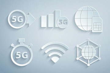 Poster - set wi-fi wireless network, globe 5g sim card, digital speed meter, social, and icon. vector