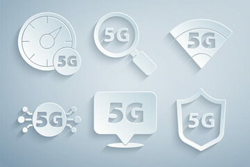 Poster - set location 5g network, protective shield, search and digital speed meter icon. vector