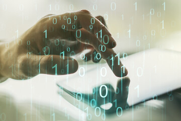 Aufkleber - Creative abstract binary code hologram and finger presses on a digital tablet on background, AI and machine learning concept. Multiexposure