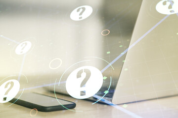 Aufkleber - Double exposure of question mark hologram on laptop background. Sociology and psychology concept