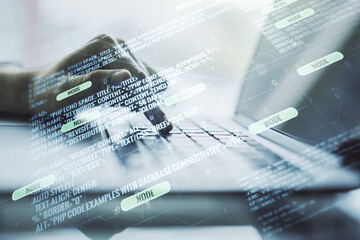 Poster - Multi exposure of abstract programming language hologram with hands typing on computer keyboard on background, artificial intelligence and machine learning concept