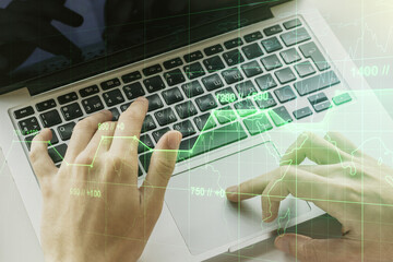 Poster - Abstract creative analytics data spreadsheet with hands typing on laptop on background, analytics and analysis concept. Multiexposure
