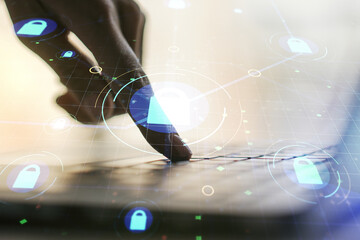 Aufkleber - Creative lock sketch with chip hologram and hands typing on computer keyboard on background, protection of personal data concept. Multiexposure
