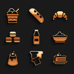 Wall Mural - Set Bottle with milk, Bread toast, Piece of cake, Flour bowl, Pudding custard, Macaron cookie, Croissant and Ice cream icon. Vector