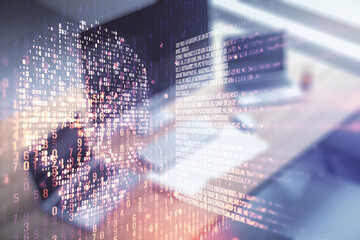 Poster - Creative code skull hologram and modern desktop with pc on background, cybercrime and hacking concept. Multiexposure