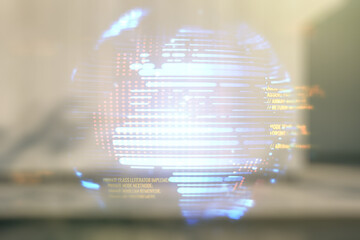 Poster - Abstract virtual coding illustration and world map on blurry contemporary office building background, international software development concept. Multiexposure