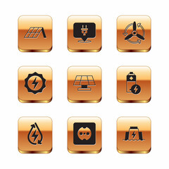 Set Solar energy panel, Water, Electrical outlet, Lightning bolt, Wind turbine, Hydroelectric dam and plug icon. Vector