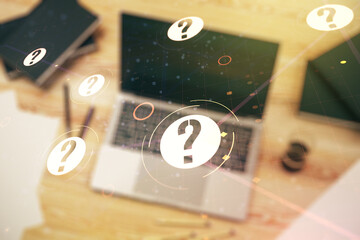 Aufkleber - Double exposure of question mark hologram on laptop background. Sociology and psychology concept