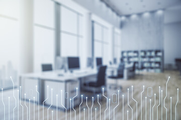 Poster - Abstract virtual micro chip hologram on a modern furnished classroom background, artificial intelligence and machine learning concept. Multi exposure