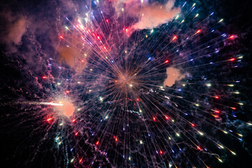 Poster - A scenic view of lots of vivid fireworks glowing in a dark sky