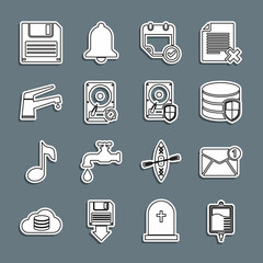 Sticker - Set line IV bag, New, email incoming message, Database protection, Calendar with check mark, Hard disk drive HDD sync refresh, Water tap, Floppy and icon. Vector