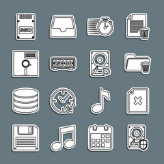 Poster - Set line Hard disk drive HDD protection, Delete file document, folder, Stopwatch, Retro flip clock, Floppy in the 5.25-inch, SSD card and sync refresh icon. Vector