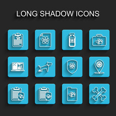  Set line Clinical record pet, Crossed bones, Dog pooping, Location veterinary and Animal health insurance icon. Vector