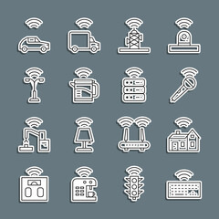 Wall Mural - Set line Wireless keyboard, Smart home with wireless, microphone, antenna, electric kettle, street light, car system and server icon. Vector