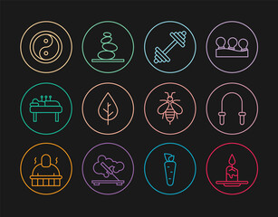 Poster - Set line Aroma candle, Jump rope, Dumbbell, Leaf, Acupuncture therapy, Yin Yang, Bee and Stack hot stones icon. Vector