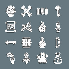 Wall Mural - Set line Old money bag, Medieval bow, Sword for game, Bullet, with blood, Decree, parchment, scroll, Skull and Bomb ready to explode icon. Vector