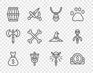 Set line Old money bag, Ancient coin, Necklace amulet, Pirate flag, Gun powder barrel, Crossed human bones, Magic staff and icon. Vector