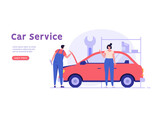 Concept of car repair, auto inspection, car service. Auto mechanic repairman repairing and checking broken car in car service. Vector illustration in flat design