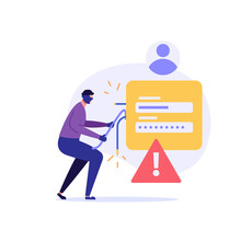 Concept Of Hacker Attack, Fraud Investigation, Internet Phishing Attack. Hacker Hacking Personal Data. Internet Theft Stealing Privacy Login, Account And Password. Vector Illustration In Flat Design