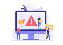Concept Of Hacker Attack, Fraud Investigation, Internet Phishing Attack. Hacker Team Hacking Computer. Internet Theft Stealing Privacy Data, Account And Password. Vector Illustration In Flat Design