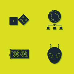 Poster - Set Game dice, Alien, Video graphic card and Computer network icon. Vector