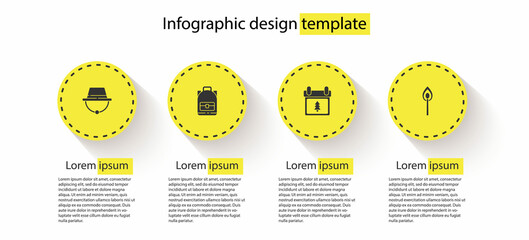 Sticker - Set Camping hat, Hiking backpack, Calendar with tree and Burning match fire. Business infographic template. Vector