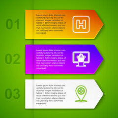 Sticker - Set line Hospital, Monitor with shopping basket, Medical location cross and and envelope. Business infographic template. Vector