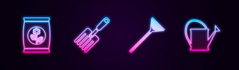 Set line Fertilizer bag, Garden fork, rake leaves and Watering can. Glowing neon icon. Vector