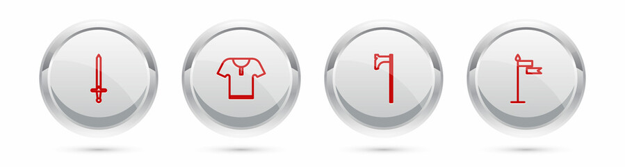 Poster - Set line Medieval sword, Body armor, axe and flag. Silver circle button. Vector