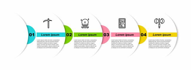 Sticker - Set line Pickaxe, Magic ball, Card game collection and Medieval poleaxe. Business infographic template. Vector