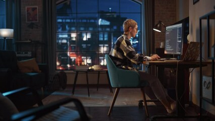 Fototapete - Young Woman Writing Code on Desktop Computer in Stylish Loft Apartment in the Evening. Creative Female Wearing Cozy Clothes, Working from Home on Software Development. Urban City View from Big Window.