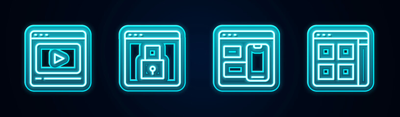 Set line Online play video, Secure your site with HTTPS, SSL, Web developer programming code and Browser files. Glowing neon icon. Vector