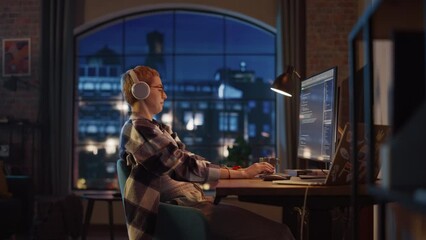 Aufkleber - Young Woman Writing Code on Desktop Computer in Stylish Loft Apartment in the Evening. Creative Female Wearing Headphones, Working from Home on Software Development. Urban City View from Big Window.