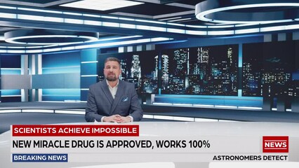 Beginning Evening News TV Program: Anchor Presenter Reporting on Business, Economy, Science, Politics. Television Cable Channel Anchorman Talks. Broadvast Network Newsroom Studio Playback