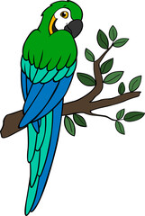 Wall Mural - Cartoon birds. Parrot yellow macaw sits on the tree branch.