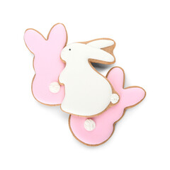 Wall Mural - Delicious Easter cookies in shape of bunny on white background