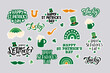 Saint Patrick's day holiday stickers. Hand drawn celebration lettering quote with shamrock, rainbow, hat vector illustration. Symbol Irish beer festival. Lucky saying.