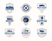 Set Of Logo Templates. Vintage Style Vector Illustration Element For Retro Design Label. Suitable For Garage, Shops, Tires, Car Wash, Car Restoration, Repair And Racing.