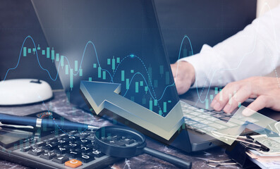 Poster - Businessman using computer analyzing sales data and economic growth graph chart. Business planning and strategy. Analysing trading of exchange. Financial and banking. double exposure 
