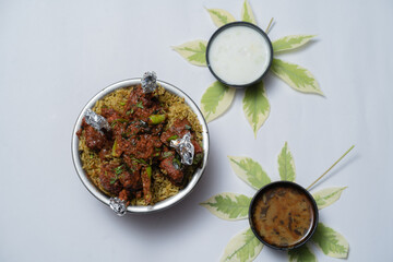 Sticker - A top view of a national food and sauces on the white background