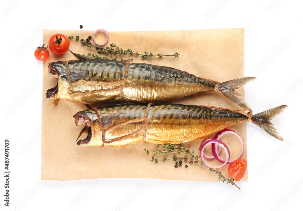 Parchment with tasty smoked mackerel fish on white background
