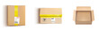 © klyaksun - Empty cardboard boxes, brown carton package with yellow adhesive tape and stickers. Vector realistic mockup of top view of open and closed crates for fragile cargo isolated on white background