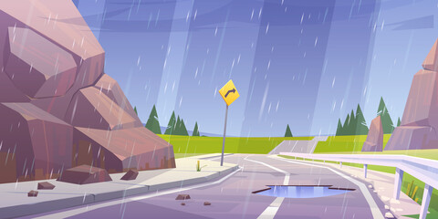 Wall Mural - Car road, rocks and green fields in rain. Vector cartoon illustration of summer landscape with mountains, meadows, coniferous trees on horizon and asphalt highway with puddle at rainy weather