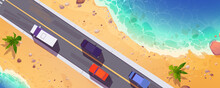 Road With Cars Top View, Straight Two Lane Highway Along Sea Beach With Sand And Palm Trees. Cartoon Overhead Background With Vehicles Riding At Asphalt Pathway, Route Direction Vector Illustration