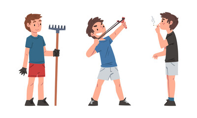 Sticker - Boys and girl demonstrating good and bad behavior. Boys shooting with slingshot, smoking and working in garden cartoon vector illustration